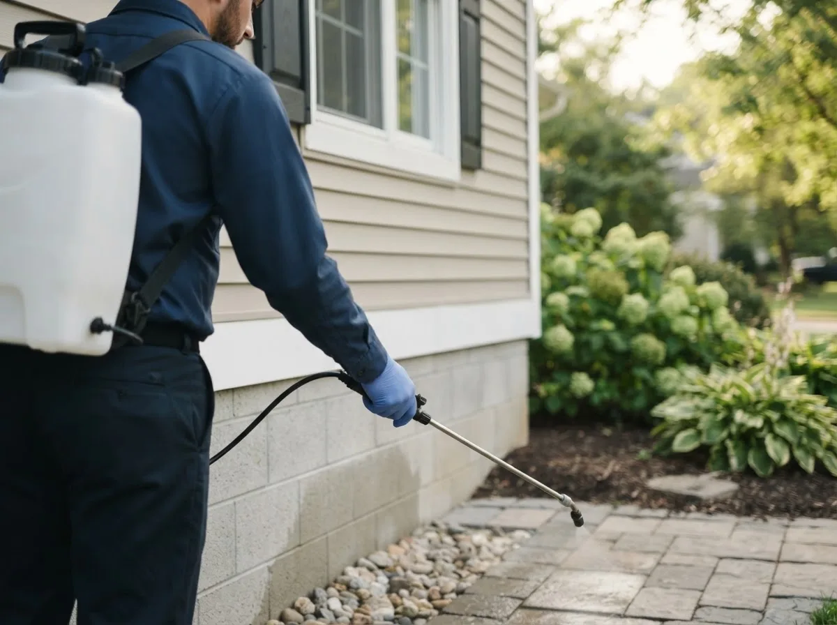 Pest control technician inspecting a home in Boyne Falls, MI